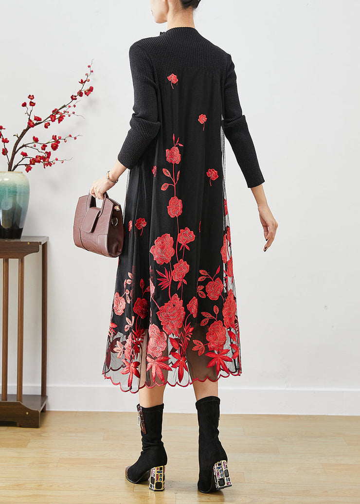 Red Floral Silm Fit Knit Long Dress Embroideried Fall