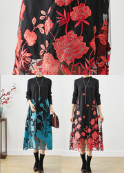 Red Floral Silm Fit Knit Long Dress Embroideried Fall