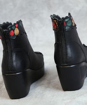 Red Floral Splicing Cowhide Leather Ankle Boots Wedge