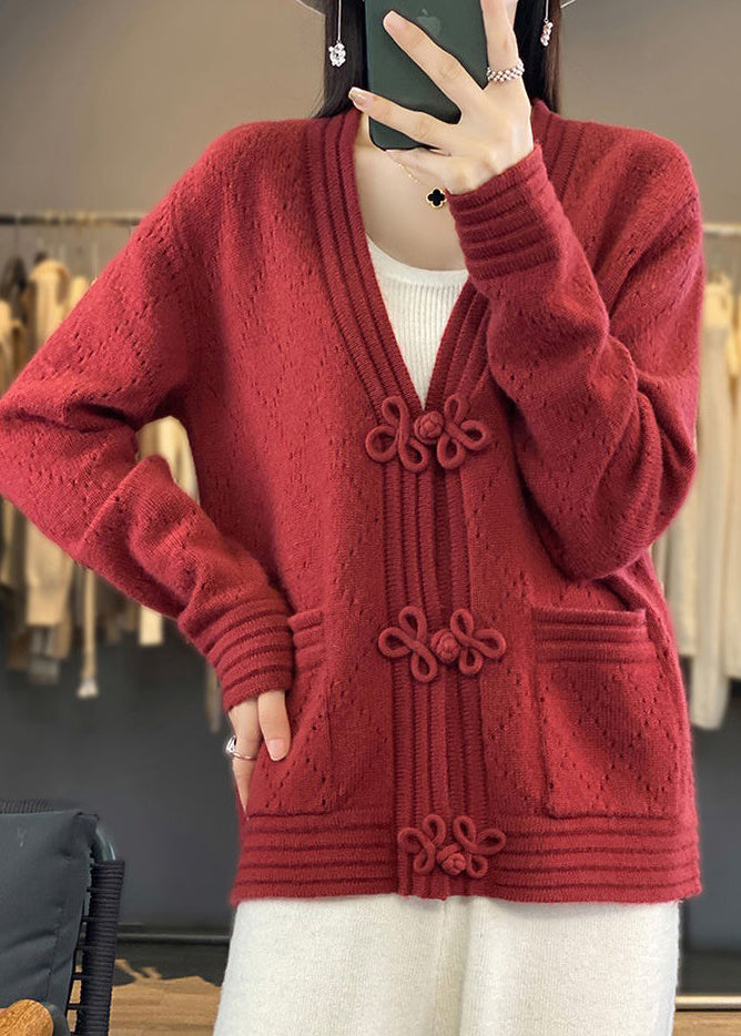 Red Hollow Out Pockets Wool Coats V Neck Long Sleeve