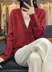 Red Hollow Out Pockets Wool Coats V Neck Long Sleeve