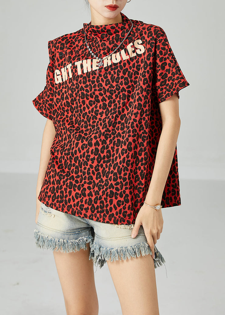 Red Leopard Print Cotton Tanks Stand Collar Cold Shoulder Summer