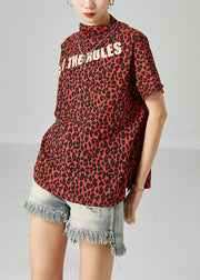 Red Leopard Print Cotton Tanks Stand Collar Cold Shoulder Summer