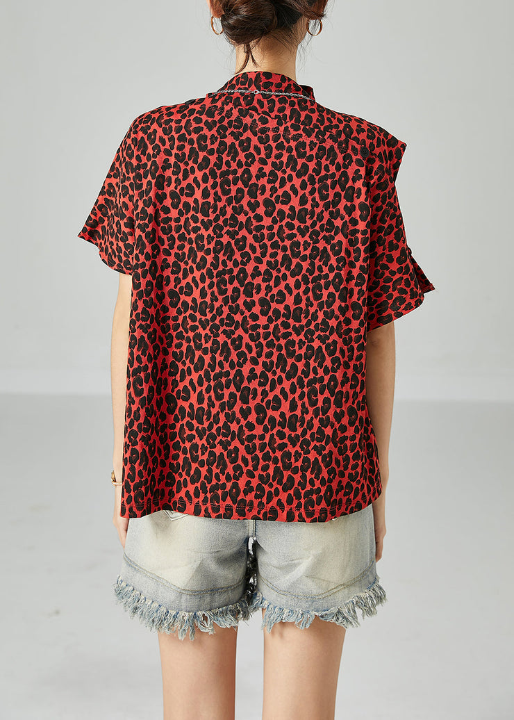 Red Leopard Print Cotton Tanks Stand Collar Cold Shoulder Summer