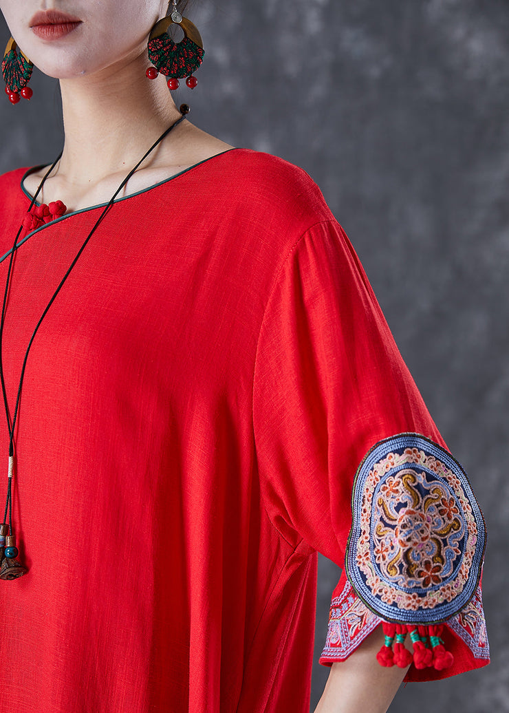 Red Linen Dresses Embroideried Exra Large Hem Half Sleeve