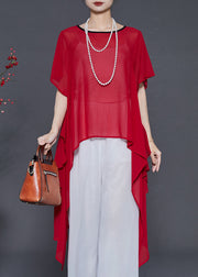 Red Loose Chiffon Long Tops Asymmetrical Summer