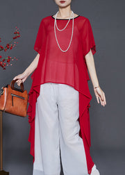 Red Loose Chiffon Long Tops Asymmetrical Summer