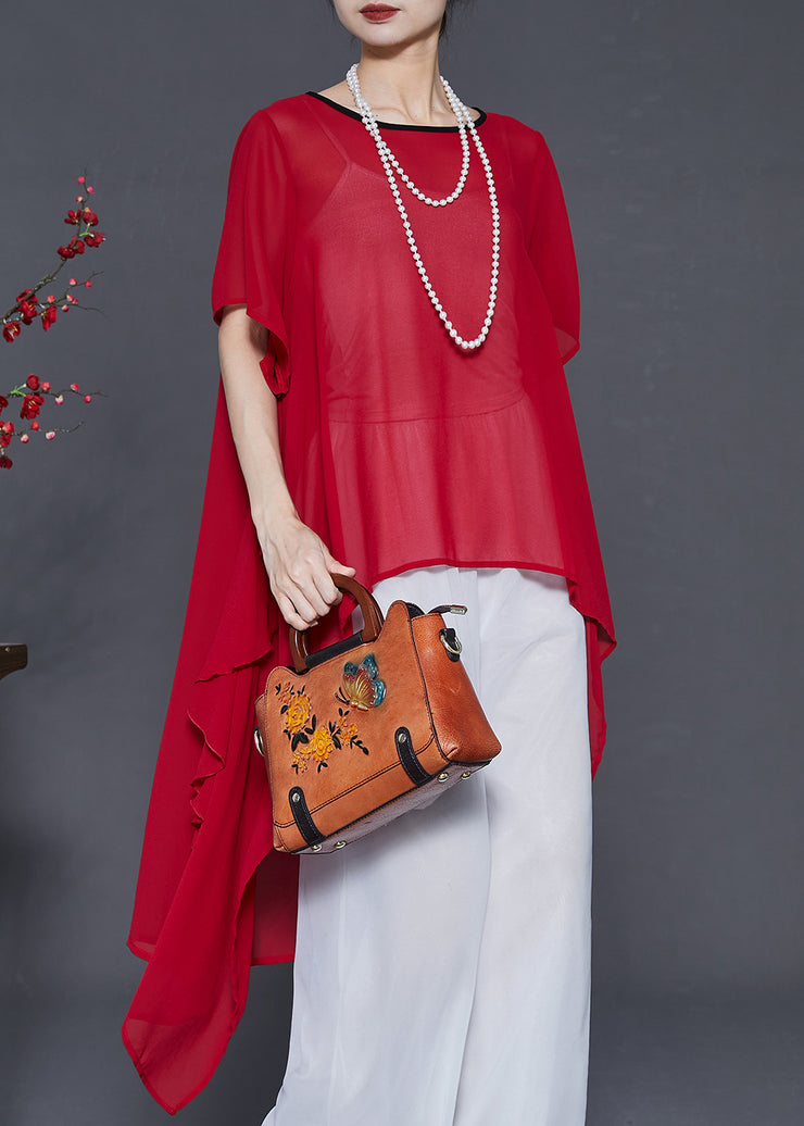 Red Loose Chiffon Long Tops Asymmetrical Summer