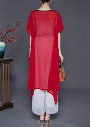 Red Loose Chiffon Long Tops Asymmetrical Summer