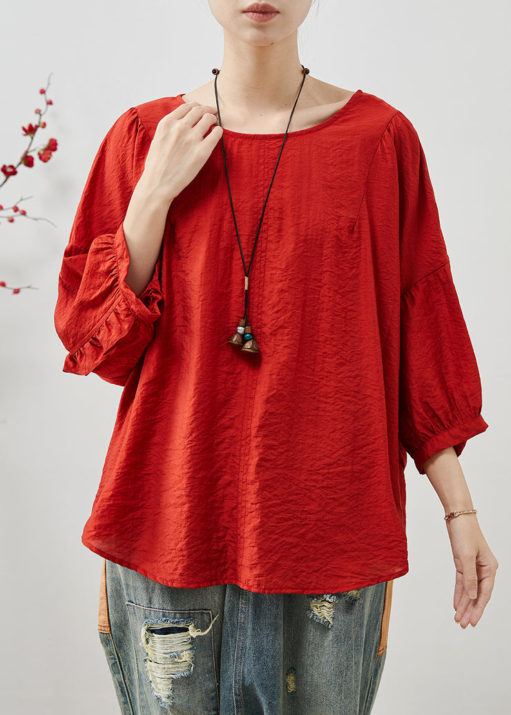 Red Loose Cotton Tops Ruffled Summer Batwing Sleeve