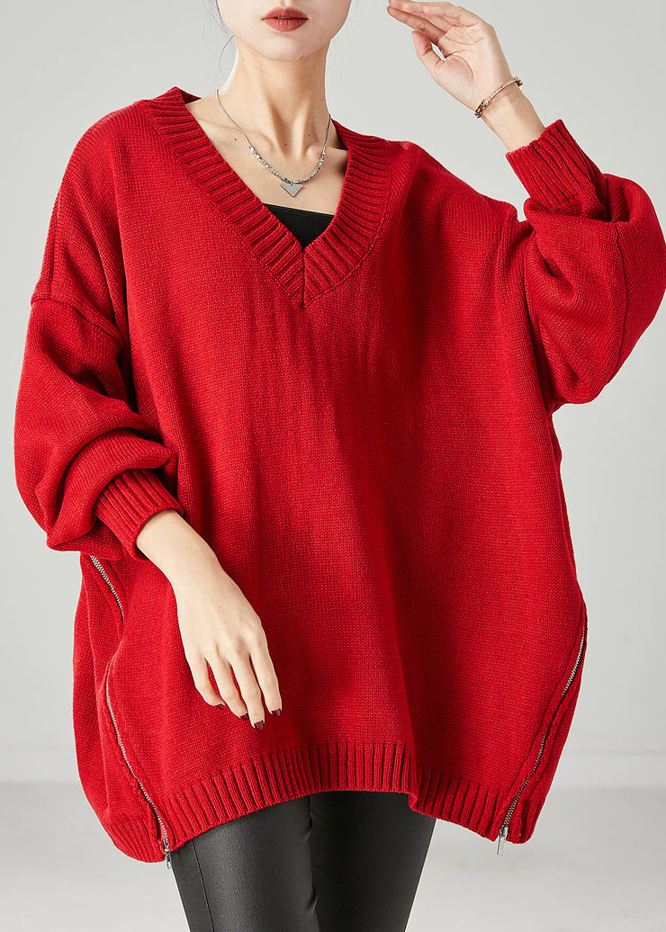 Red Loose Knit Sweater Tops Zip Up Side Open Spring