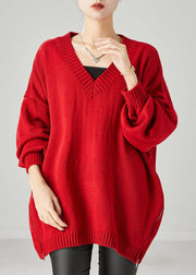 Red Loose Knit Sweater Tops Zip Up Side Open Spring