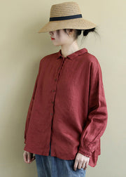 Red Loose Linen Shirt Tops Peter Pan Collar Button Spring