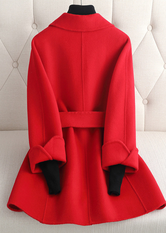 Red Notched Tie Waist Woolen Coats Fall