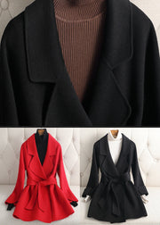 Red Notched Tie Waist Woolen Coats Fall