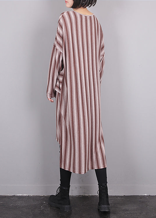 Red O-Neck Asymmetrical Striped Low High Design Maxi Dress Fall