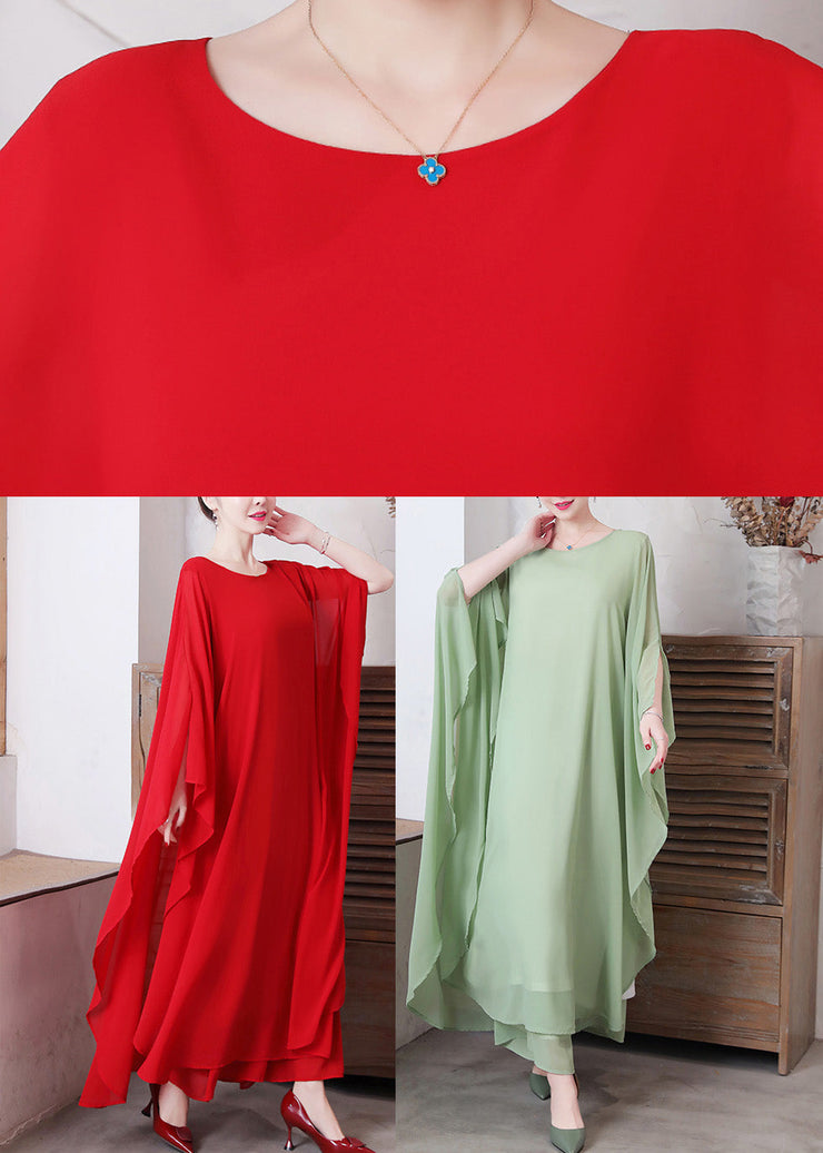 Red O-Neck Chiffon Maxi Dress And Wide Leg Pants Two Pieces Set Long Sleeve