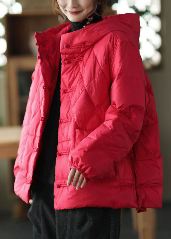 Red Oriental Button Fine Cotton Filled Parkas Oversized Thick Winter