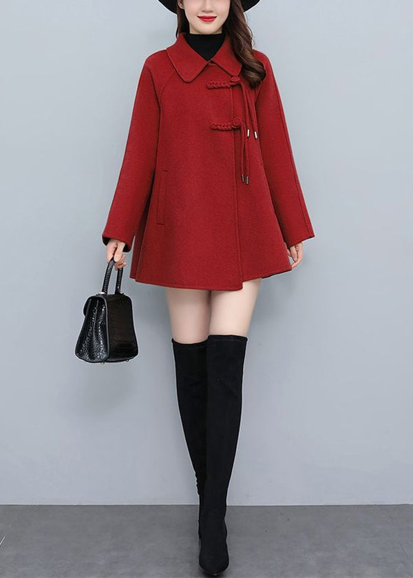 Red Oriental Woolen Jacket Tasseled Chinese Button Winter