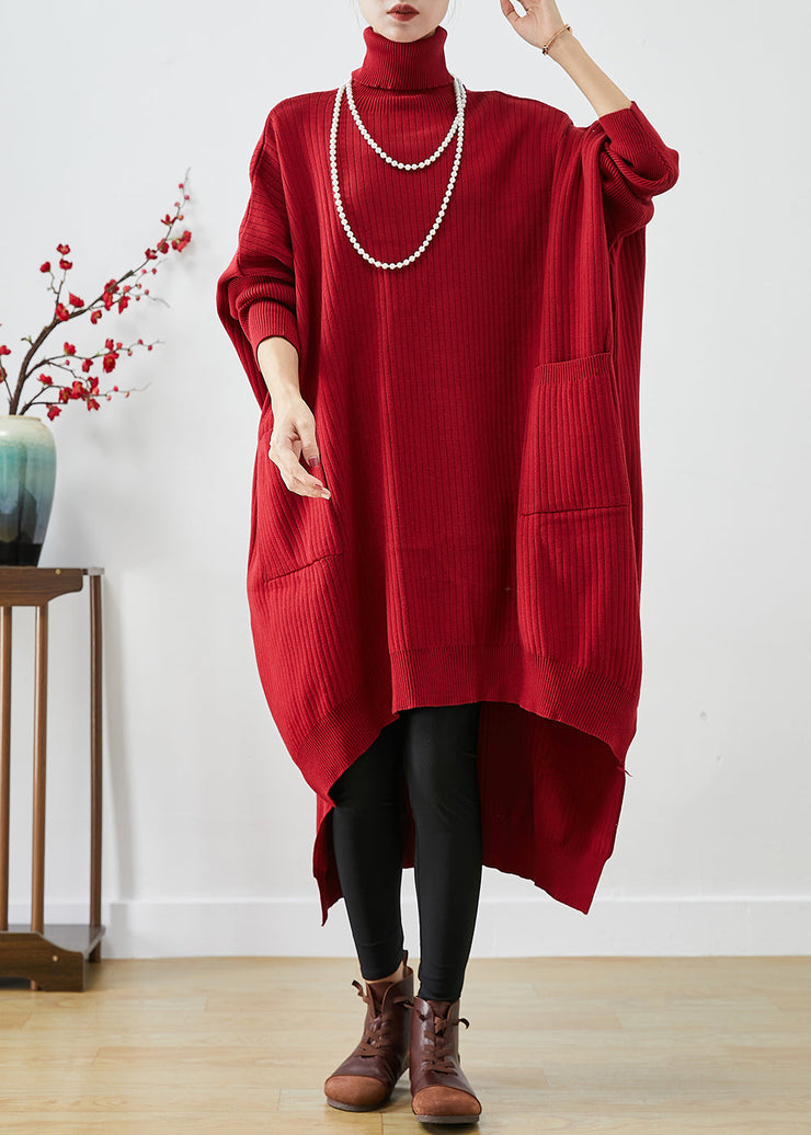 Red Oversized Knit Sweater Dress Turtle Neck Asymmetrical Batwing Sleeve