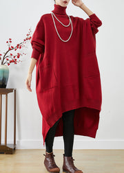 Purple Oversized Knit Sweater Dress Turtle Neck Asymmetrical Batwing Sleeve