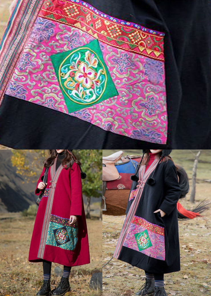 Red Patchwork Applique Fine Cotton Filled Long Coats Embroideried Oriental Button Winter