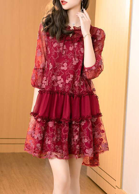 Red Patchwork Chiffon Mid Dress Embroidered Ruffled Summer