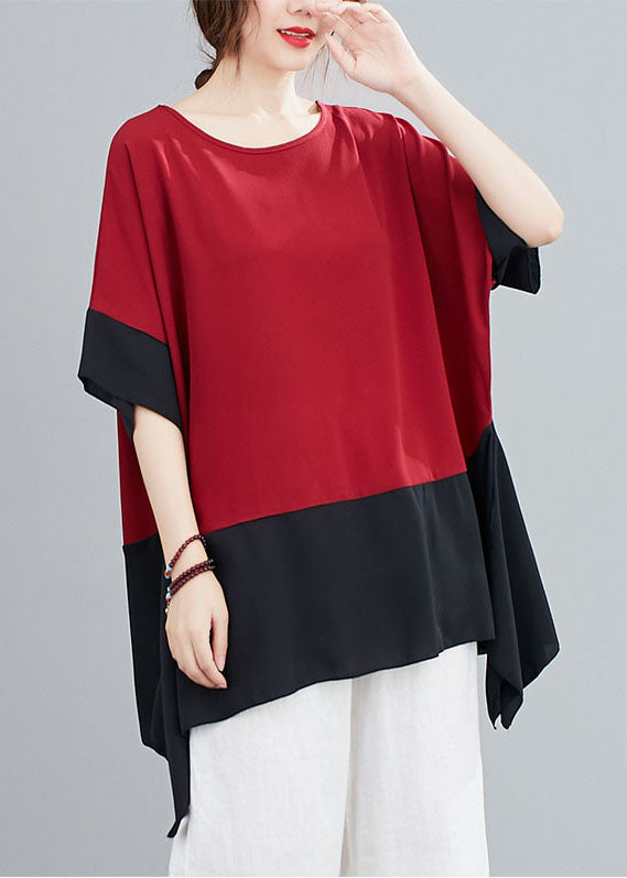 Red Patchwork Chiffon T Shirts Top Asymmetrical Summer