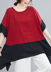 Red Patchwork Chiffon T Shirts Top Asymmetrical Summer