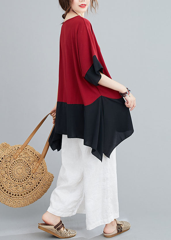 Red Patchwork Chiffon T Shirts Top Asymmetrical Summer