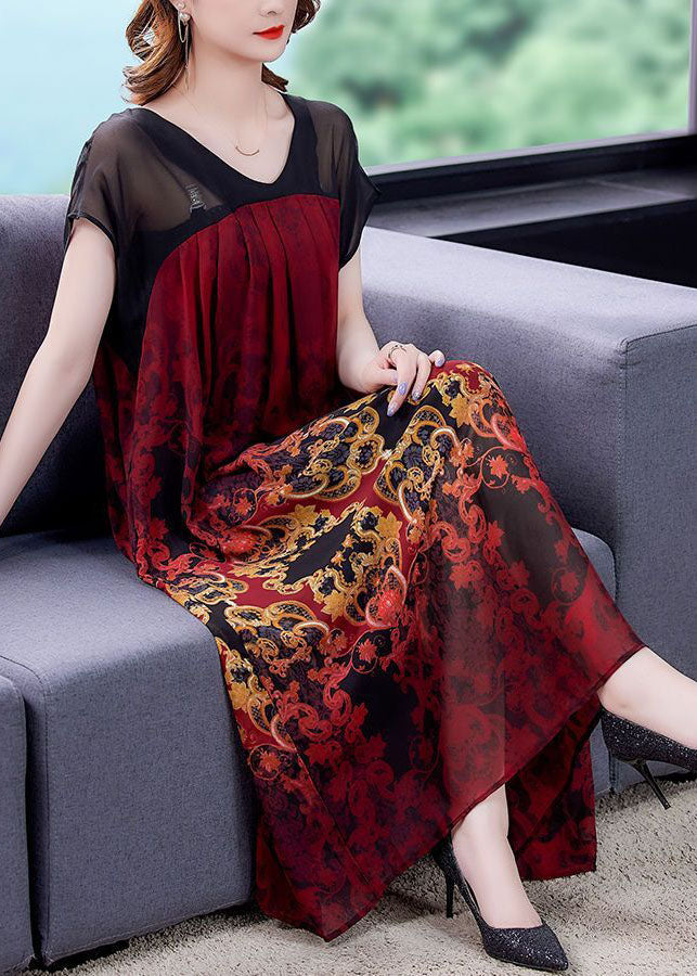 Red Patchwork Chiffon Vacation Dresses Exra Large Hem Print Summer