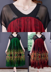 Red Patchwork Chiffon Vacation Dresses Exra Large Hem Print Summer