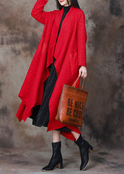 Red Patchwork Cotton Long Cardigan Asymmetrical Spring