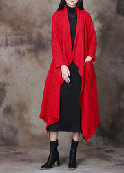 Red Patchwork Cotton Long Cardigan Asymmetrical Spring