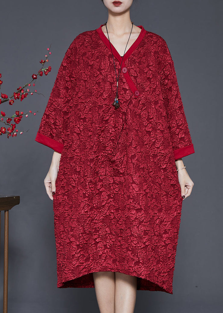 Red Patchwork Cotton Party Dress Oversized Jacquard Bracelet Sleeve