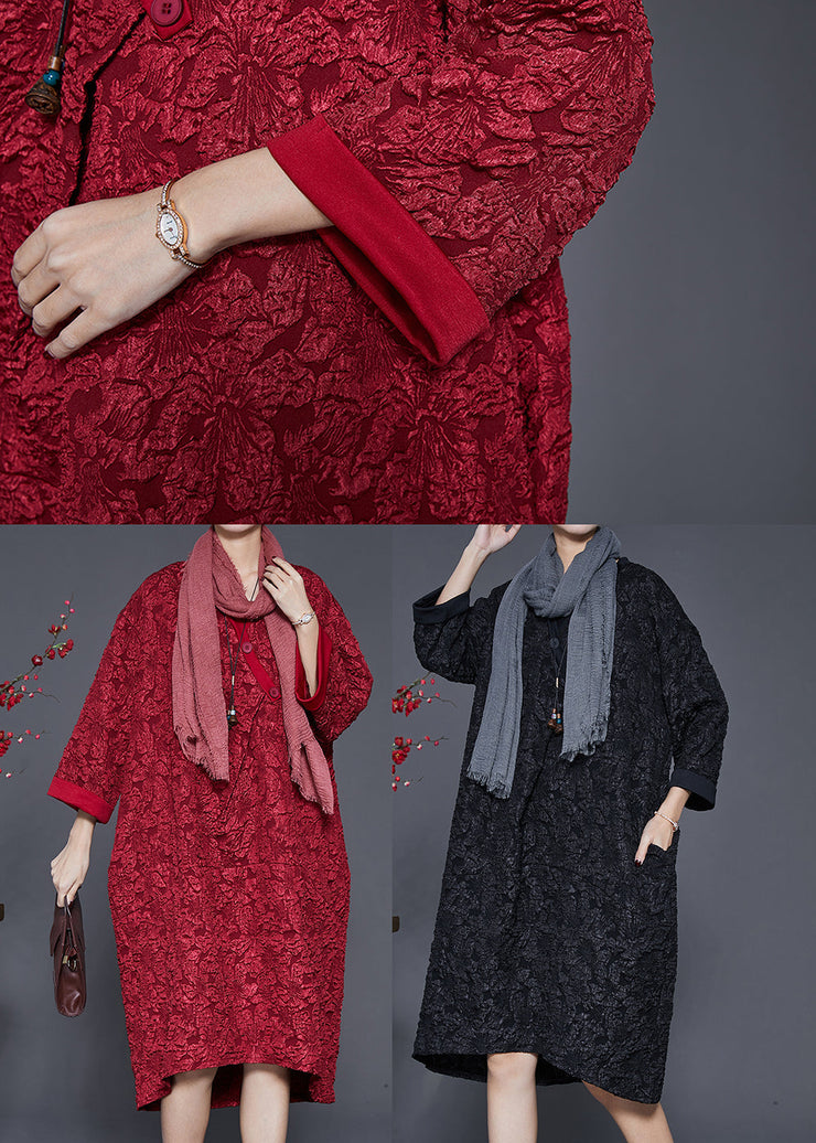 Red Patchwork Cotton Party Dress Oversized Jacquard Bracelet Sleeve