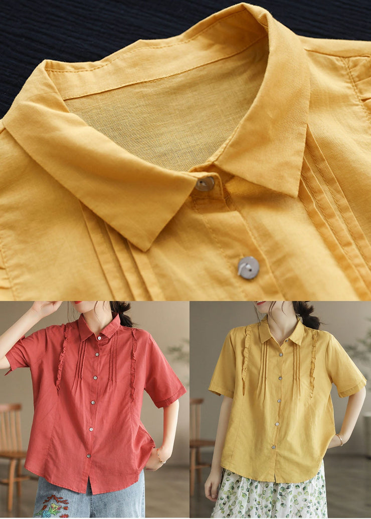 Red Patchwork Cotton Tops Peter Pan Collar Ruffled Button Short Sleeve