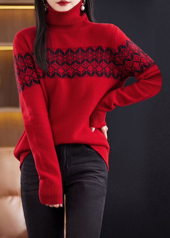 Red Patchwork Cozy Cotton Knit Sweaters Turtleneck Winter