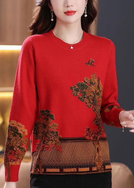 Red Patchwork Cozy Wool Knit Sweaters O Neck Long Sleeve