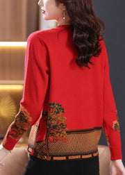 Red Patchwork Cozy Wool Knit Sweaters O Neck Long Sleeve