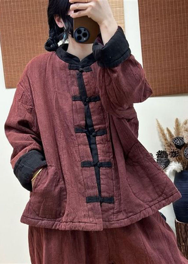 Red Patchwork Fine Cotton Filled Linen Coats Oriental Button Winter