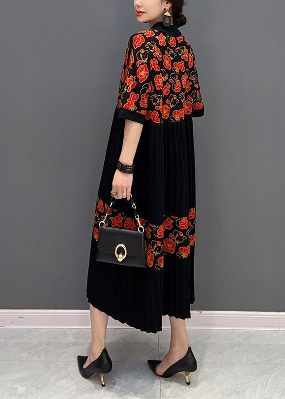 Red Patchwork Knit Pleated Dresses Turn-down Collar Print Summer