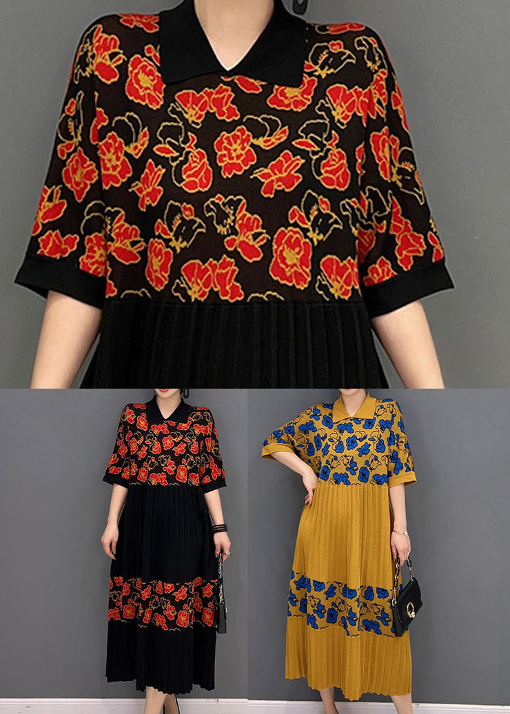 Red Patchwork Knit Pleated Dresses Turn-down Collar Print Summer