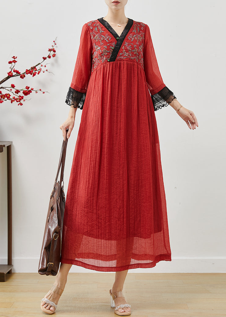 Red Patchwork Lace Cotton Ankle Dress Embroidered Fall