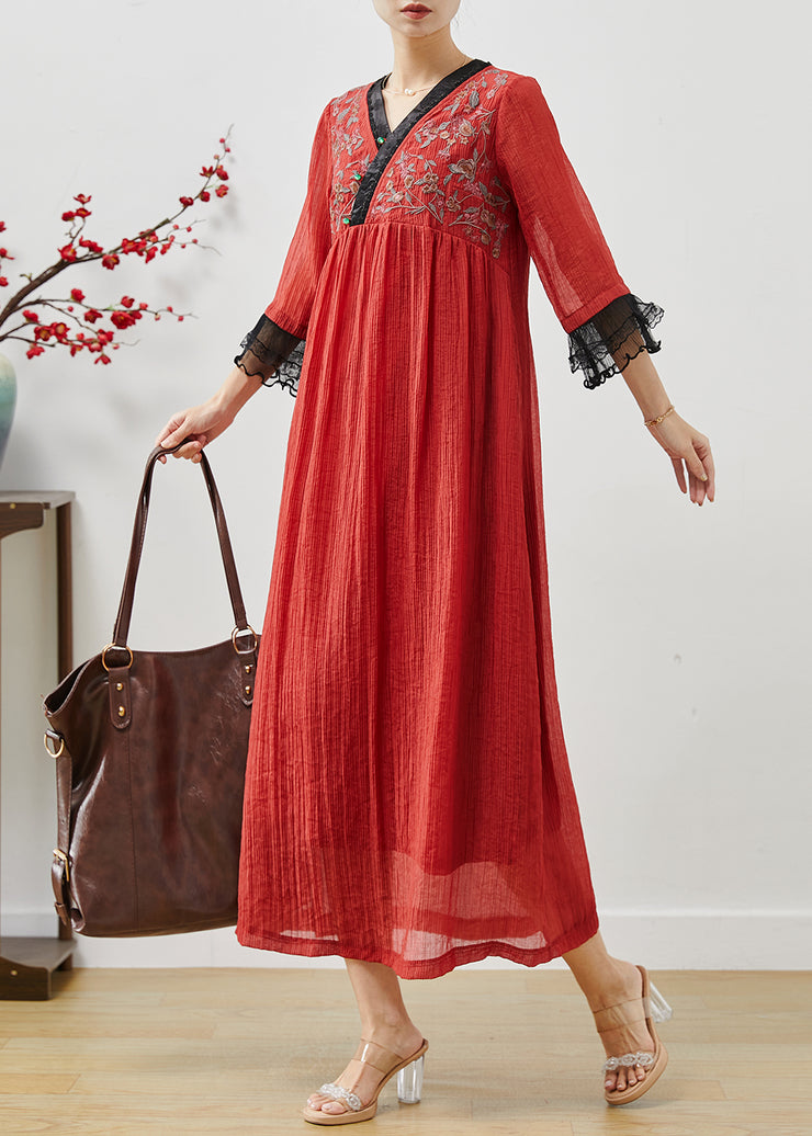 Red Patchwork Lace Cotton Ankle Dress Embroidered Fall