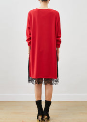 Red Patchwork Lace Warm Fleece Fake Two Piece Dresses Spring