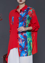 Red Patchwork Linen Blouse Top Oversized Spring