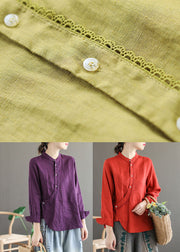 Red Patchwork Linen Chinese Style Tops Stand Collar Long Sleeve