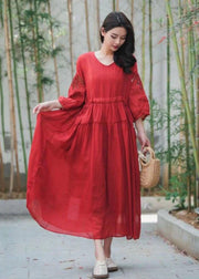 Red Patchwork Linen Dress Embroideried V Neck Wrinkled Summer