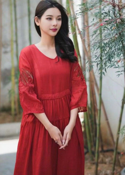 Red Patchwork Linen Dress Embroideried V Neck Wrinkled Summer